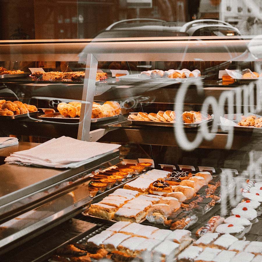 bakery storefront with many delicious trests